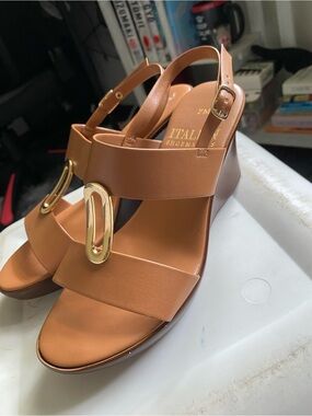 Italian Shoemakers Cognac Wedge Sandals with Gold Hardware